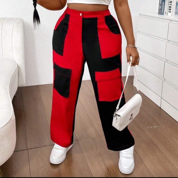 Flirla Plus Size Color Block Slanted Pocket Straight Leg Cargo Pants - Picture 7 of 9